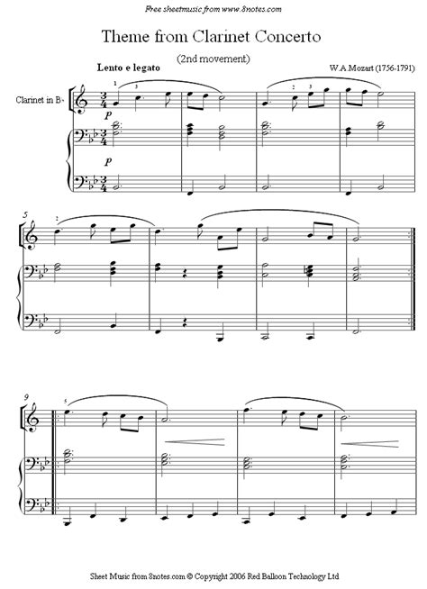 Mozart Theme From Clarinet Concerto Sheet Music For Clarinet