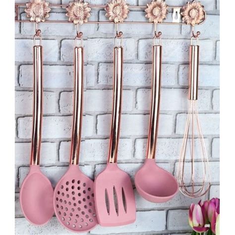 Kit 5 Utensílios silicone Rosa Cabo Aço Inox Rose Gold Escumadeira