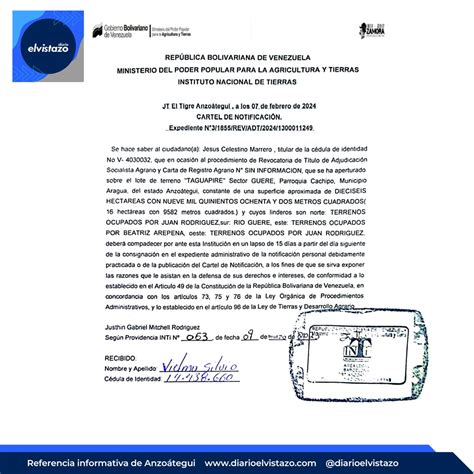 Cartel emitido por INTI El Tigre en atención al lote de terreno