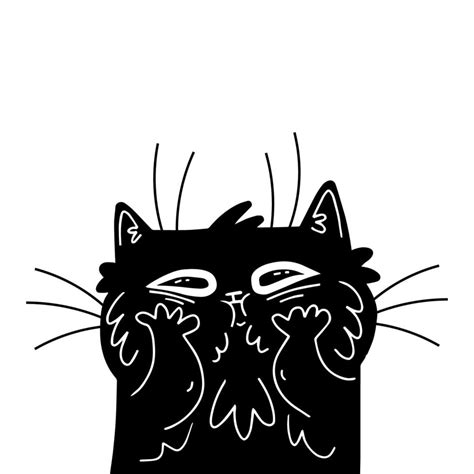 Funny black cat. Cartoon hand drawn cat. Vector illustration. 6944520 ...