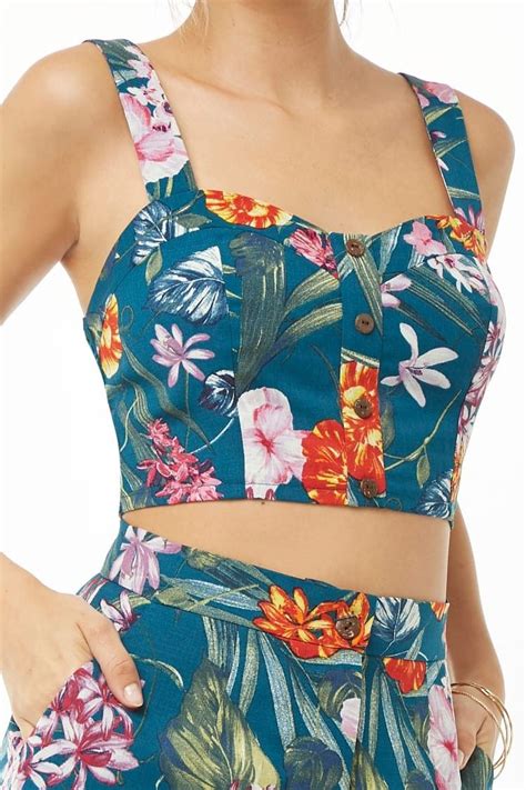 Tropical Print Crop Top Teal Green Print Crop Tops Fashion Crop Tops