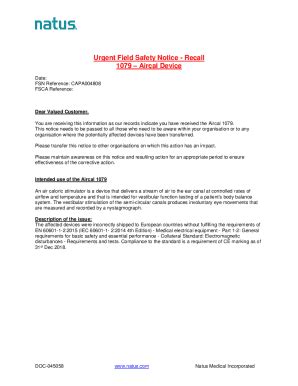 Fillable Online Urgent Field Safety Notice Recall 1079 Aircal Device