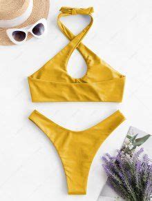 ZAFUL Halter Keyhole High Leg Bikini Swimwear In YELLOW ZAFUL 2025