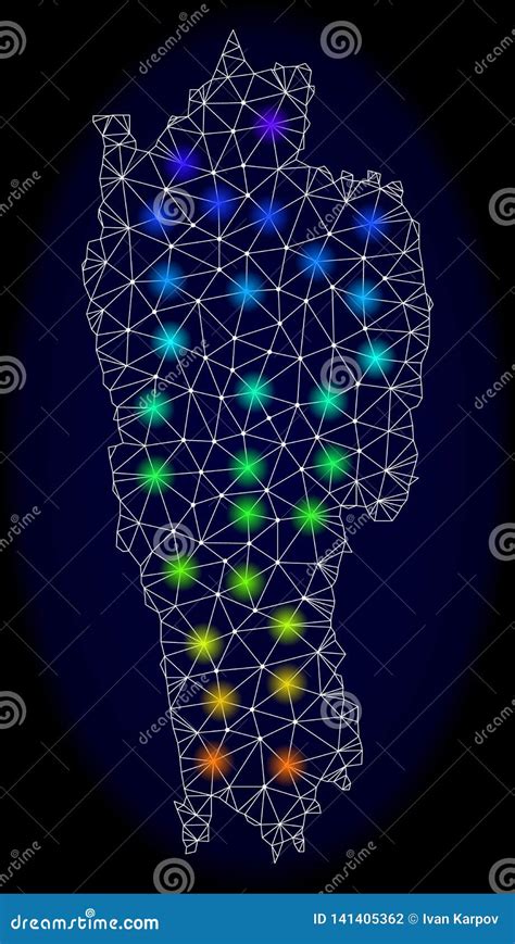 Polygonal Wire Frame Mesh Map Of Mizoram State With Bright Light Spots