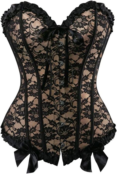 Amazon Womens Floral Black Lace Trim Corset Overbust Waist Cincher