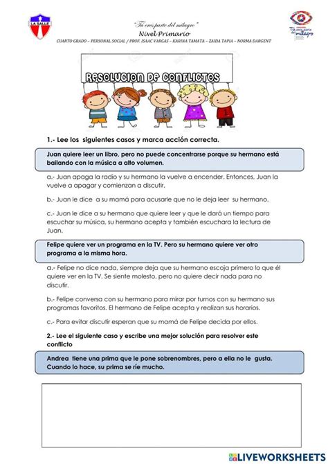 Resolucion de conflictos online worksheet for CUARTO GRADO Resolución