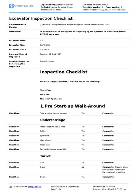 Excavator Inspection Checklist Better Than Word Doc Excel Pdf