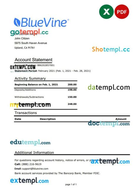 Usa California Bluevine Banking Statement Easy To Fill Template In Xls