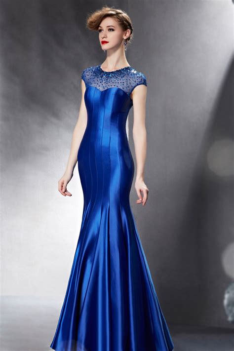 Langes Meerjungfrau Blaues Rund Sequins Abendkleid Aus Satin XHC82080