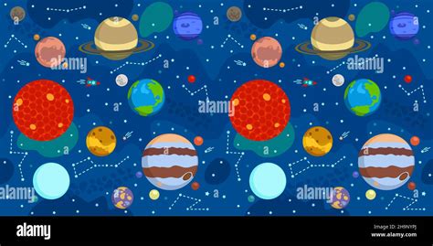 Seamless Blue Background Of Solar System With Cartoon Planets Sun Mars