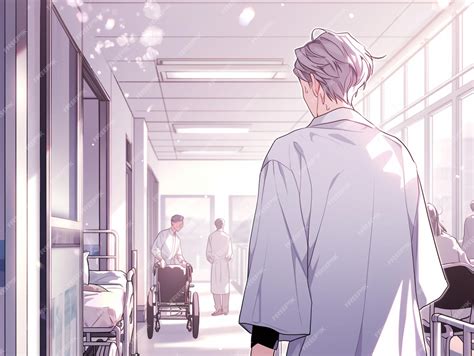 Anime scene of a man walking down a hospital hallway with a baby
