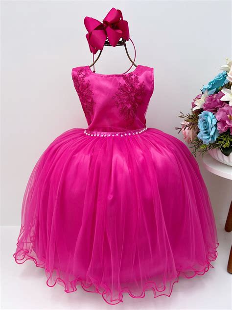 Vestido Infantil Pink Renda Cinto de Pérolas Strass Rosa Charmosa Atacado