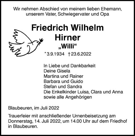 Traueranzeigen von Friedrich Wilhelm Hirner Südwest Presse Trauer