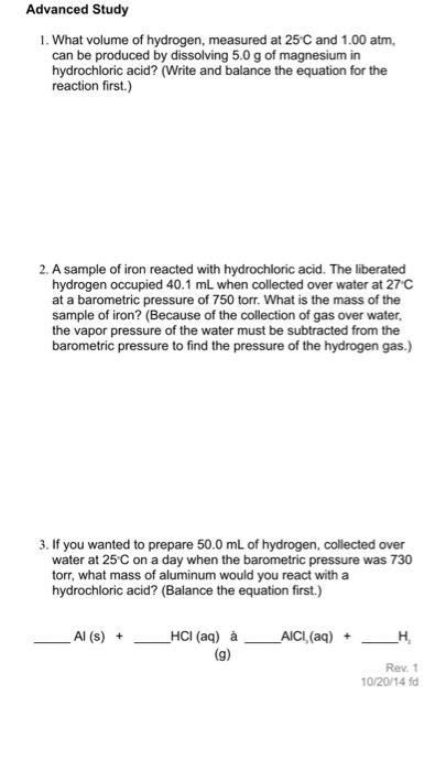 Solved Advanced Study 1 What Volume Of Hydrogen Measured Chegg