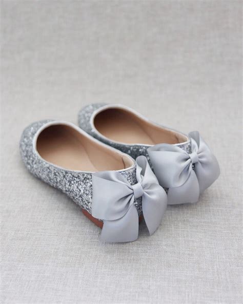 Silver Rock Glitter Flats With Back Satin Bow Bridal Shoes Etsy