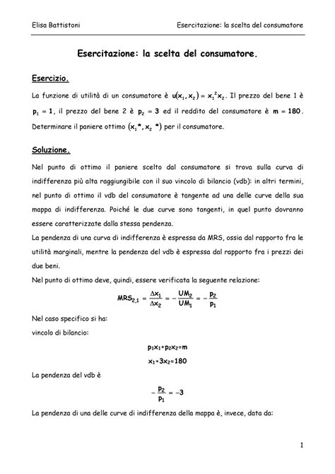 Esercitazione Scelta Del Consumatore Esercizio La Funzione Di