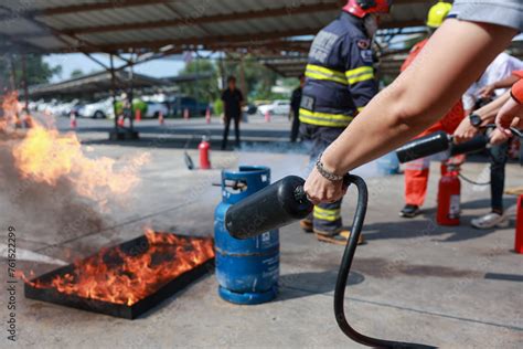 Employees Firefighting Training Concept Employees Hand Using Fire