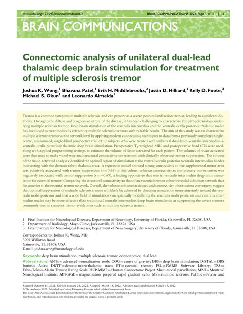 PDF Connectomic Analysis Of Unilateral Dual Lead Thalamic Deep Brain