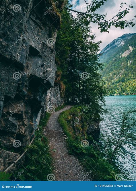 Dangerous Mountain Path at Lake in the Swiss Alps, Hiking Klontalersee