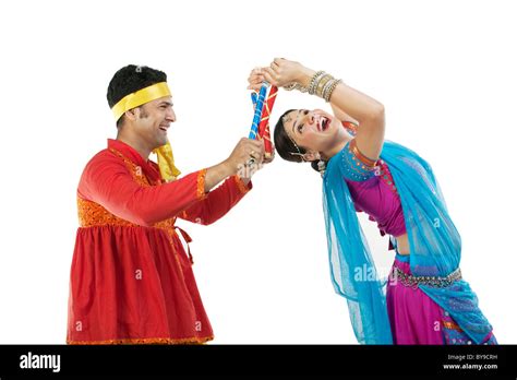 Gujarati Couple Performing Dandiya Dance Stock Photo Alamy