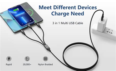 Chafon Multi Charger Cable 43a 12m Nylon Braided 3 In 1 Multiple Usb Fast Charging Data Leads