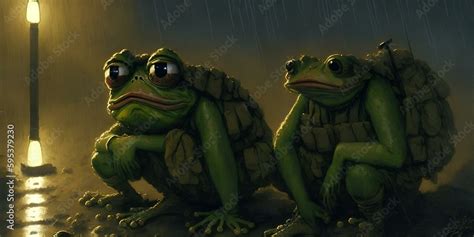 An exhausted pepe the frog at the frontlines in the army, two frogs in ...