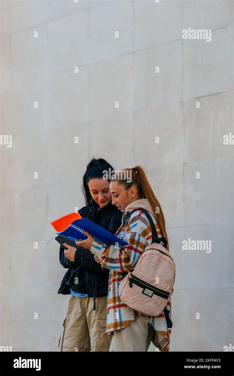 A Brunette High School Girl Is Trying To Help Her Blonde Friend With The Task Before The Exam