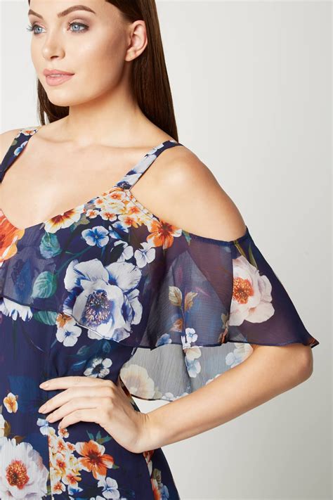 Floral Cold Shoulder Chiffon Maxi Dress In Navy Roman Originals UK