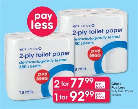 Clicks Pay Less 2-Ply Toilet Paper 18 Rolls offer at Clicks