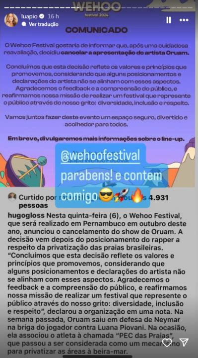 Wehoo Festival cancela show de Oruam após rapper sair em defesa de