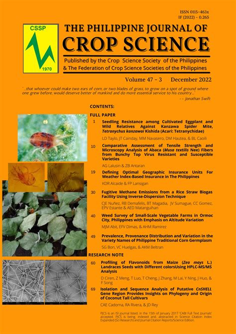 Vol 47 No 3 2022 December Issue The Philippine Journal Of Crop Science