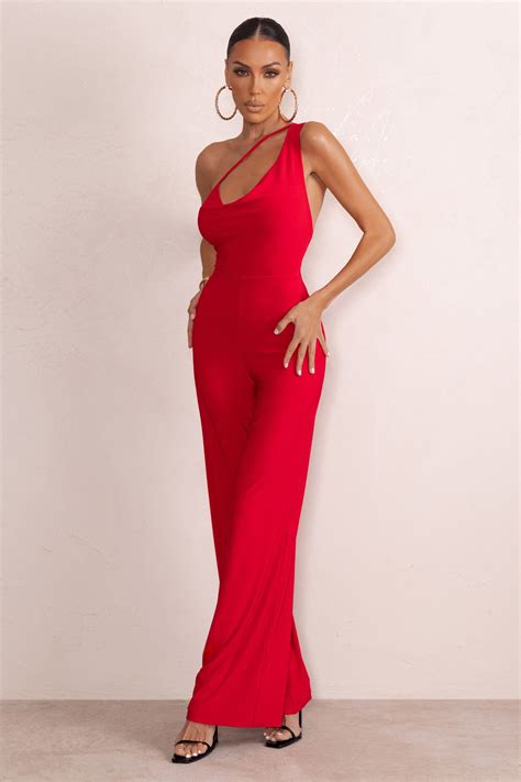 Vienna Red Asymmetric Cowl Neck Wide Leg Jumpsuit With Open Back