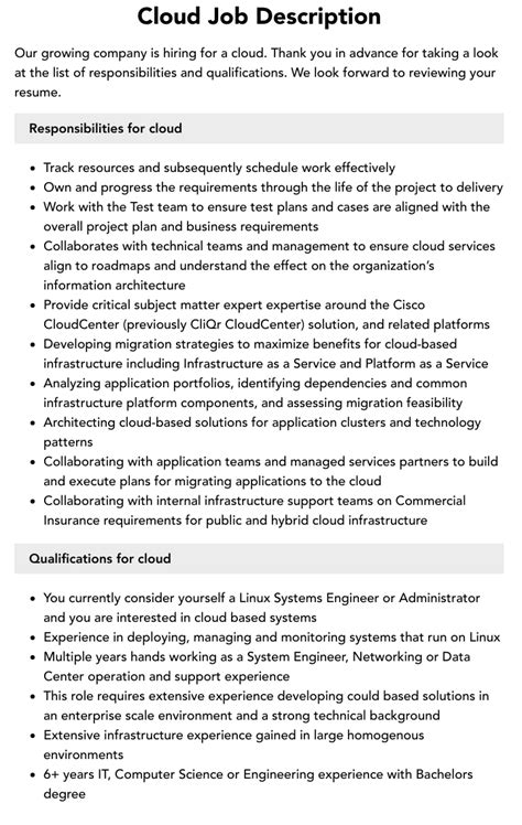 Cloud Job Description Velvet Jobs