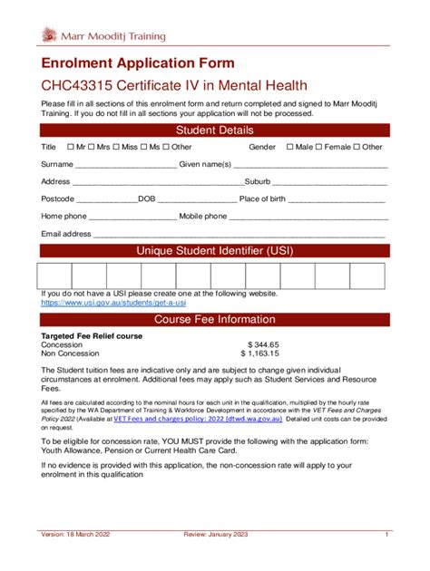 Fillable Online Enrolment Application Form Chc Certificate Iv In