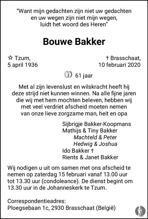 Bouwe Bakker 10 02 2020 Overlijdensbericht En Condoleances Mensenlinq Nl