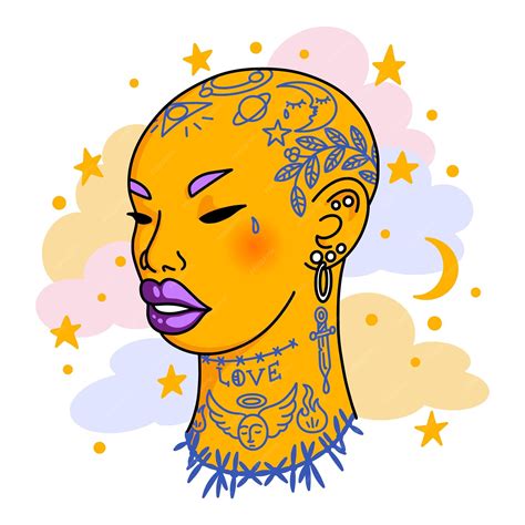 Premium Vector | Bald woman portrait tattoo girl with botanical space ...