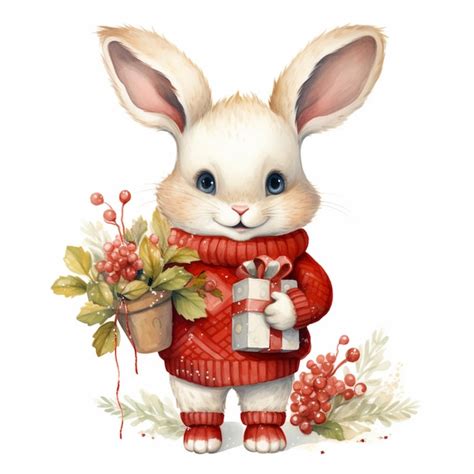 Premium Photo There Is A White Rabbit Wearing A Red Sweater Holding A