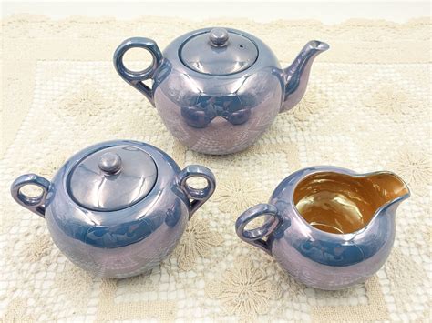 Vintage 1950s Japan Blue Lusterware Teapot With Sugar Creamer Etsy