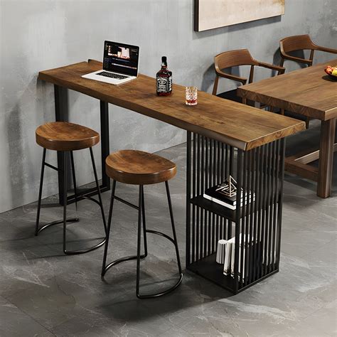 Industrial Bar Table Black Iron Solid Wood Pub Height Dining Table with ...