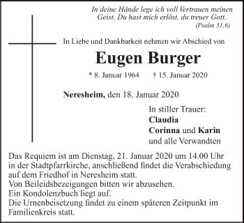 Traueranzeigen Von Eugen Burger OstalbTrauer