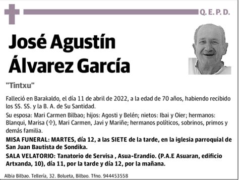 José Agustín Álvarez García Esquela Necrológica El Correo