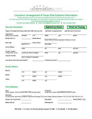 Fillable Online Cremation Arrangement Form Crematory BaCremationb Fax