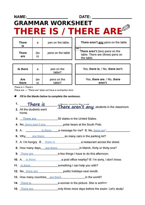 There IS There ARE Grammar Worksheet NAME DATE GRAMMAR WORKSHEET