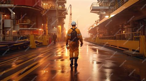 Premium Ai Image Back Of Offshore Oil Rig Worker Walks To An Oil And