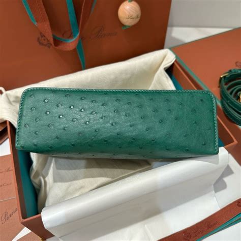 Replica Loro Piana Extra Pocket Pouch L19 In Green Ostrich Embossed Leather