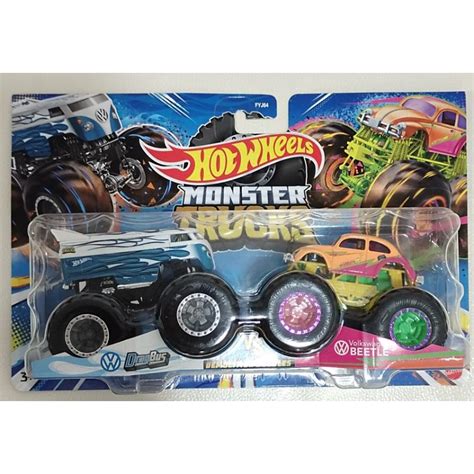 Hot Wheels Monster Trucks Twin Pack Demolition Double Drag Bus Vw Beetle New Shopee Malaysia