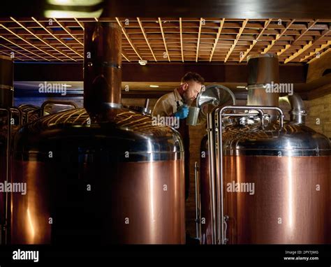 Copper Boil Kettle And Distillery Tanks In Craft Beer Brewery Stock