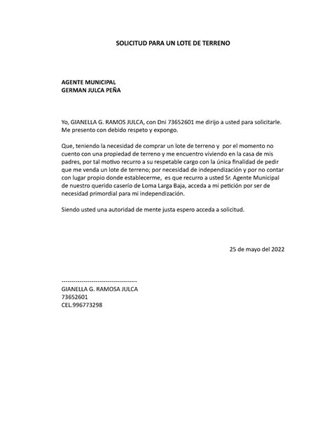 Modelo De Carta De Solicitud De Terreno Ala Municipalidad Samuel Images