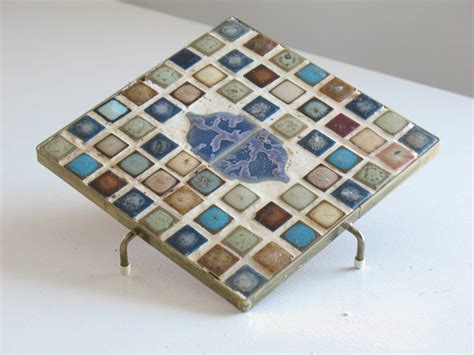 Vintage Mosaic Tile Trivet Boho Kitchen Decor Blue Brown