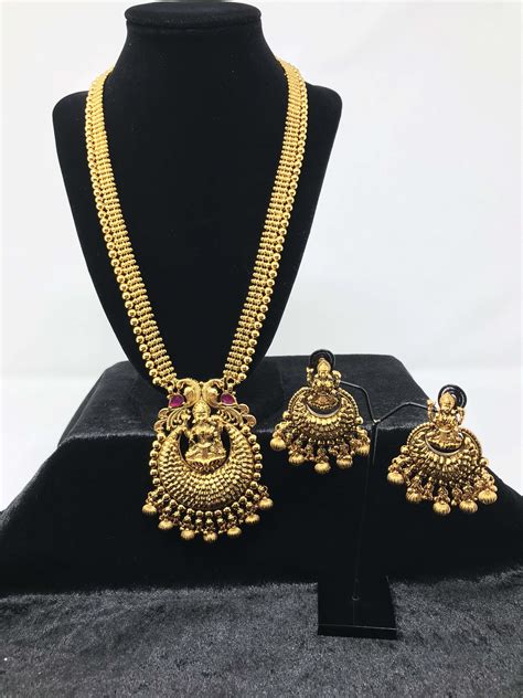 Antique Gold Long Sets Indian Jewelry Sets Temple Jewelry Sets